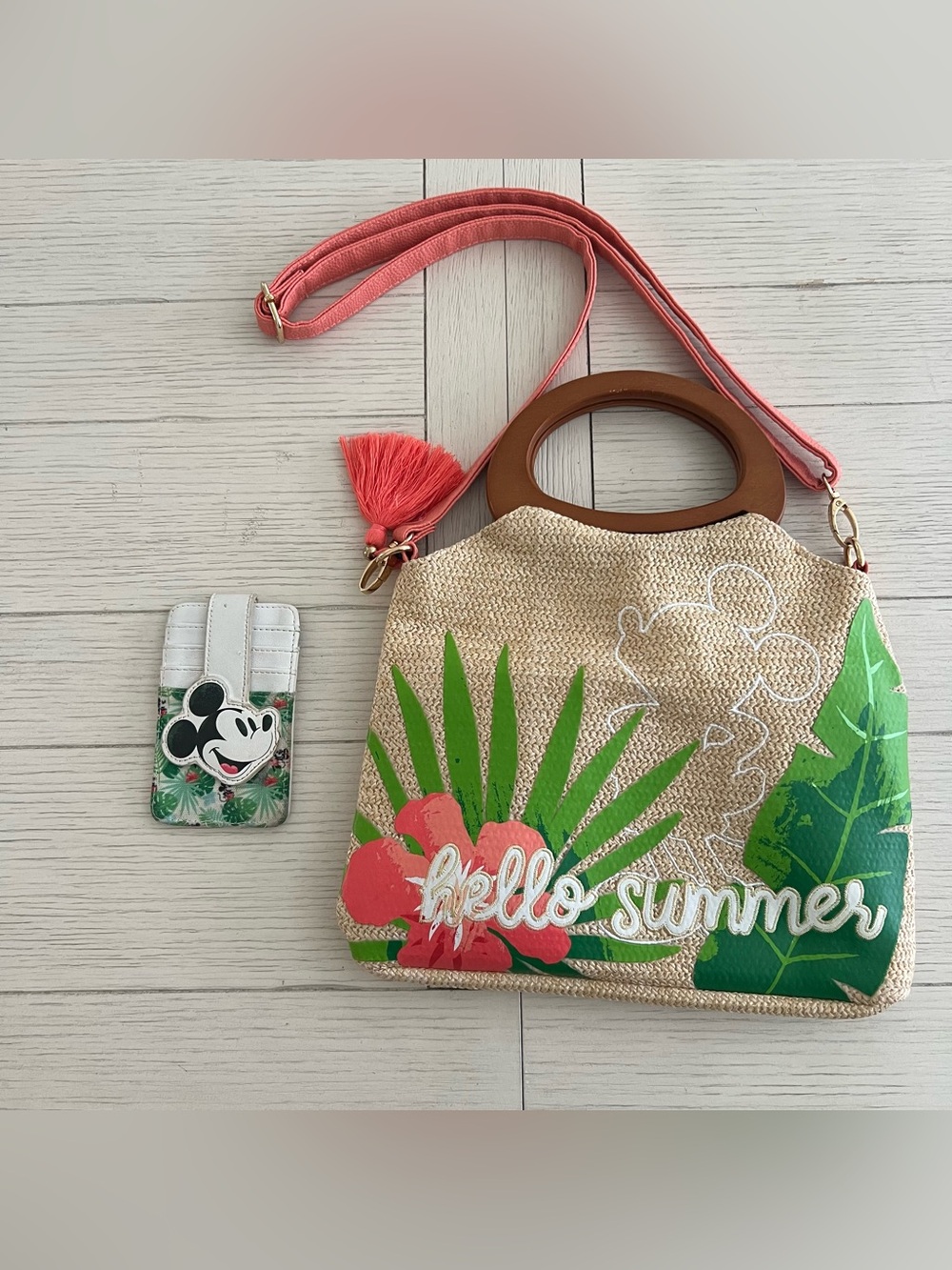 Disney Hello Summer Straw Tote with Coral Strap and Tropical Print and Wallet